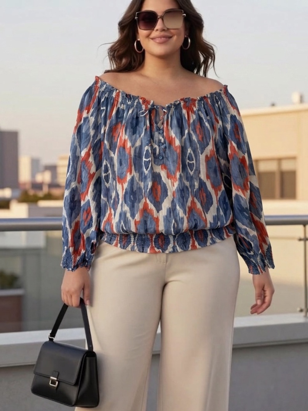 Jones New York Signature Size 2X 100% Cotton Off Shoulder Boho Peasant Blouse